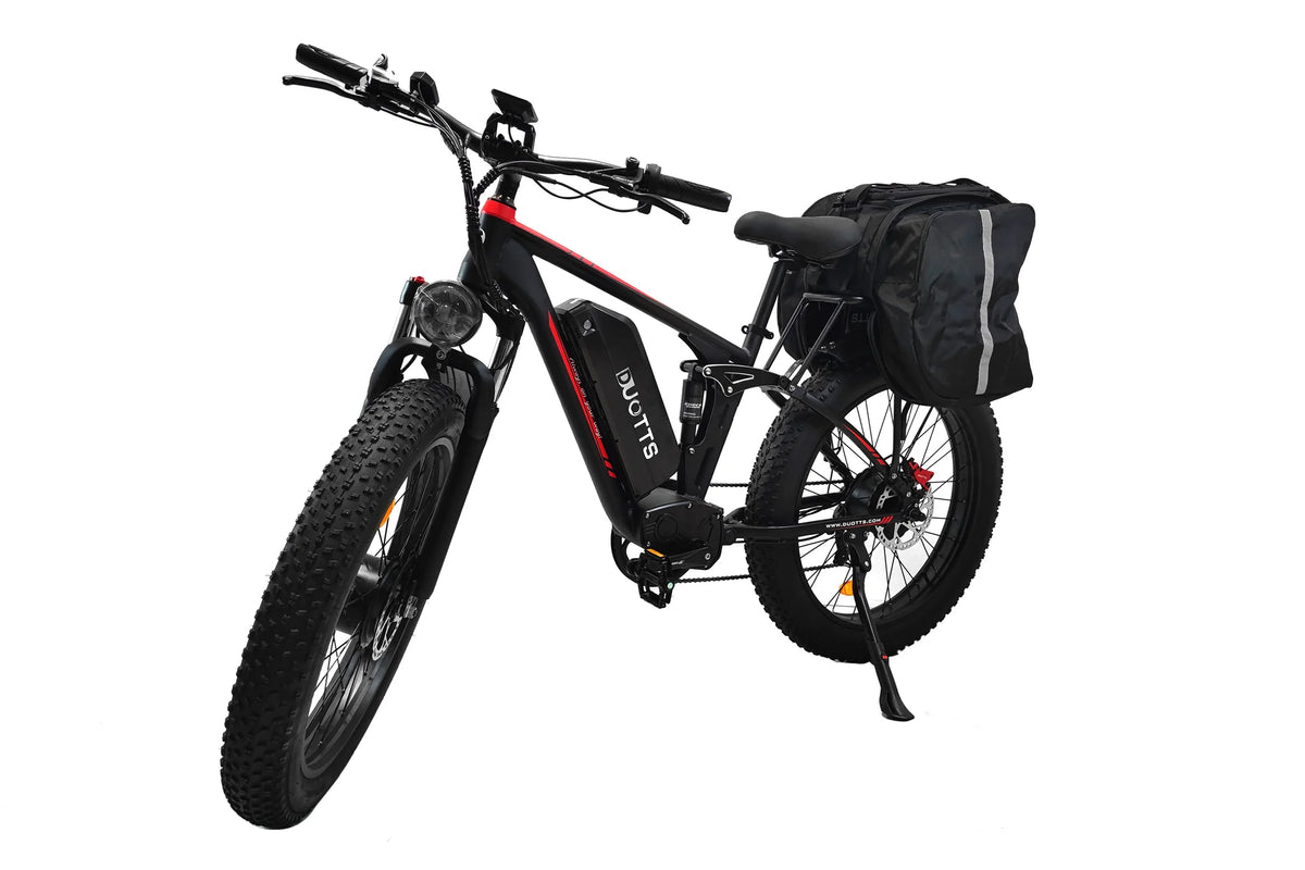 Duotts black travel bag with strap, installed on the rear rack of an S26 electric bike in its unfolded state, ready for offroad adventures.