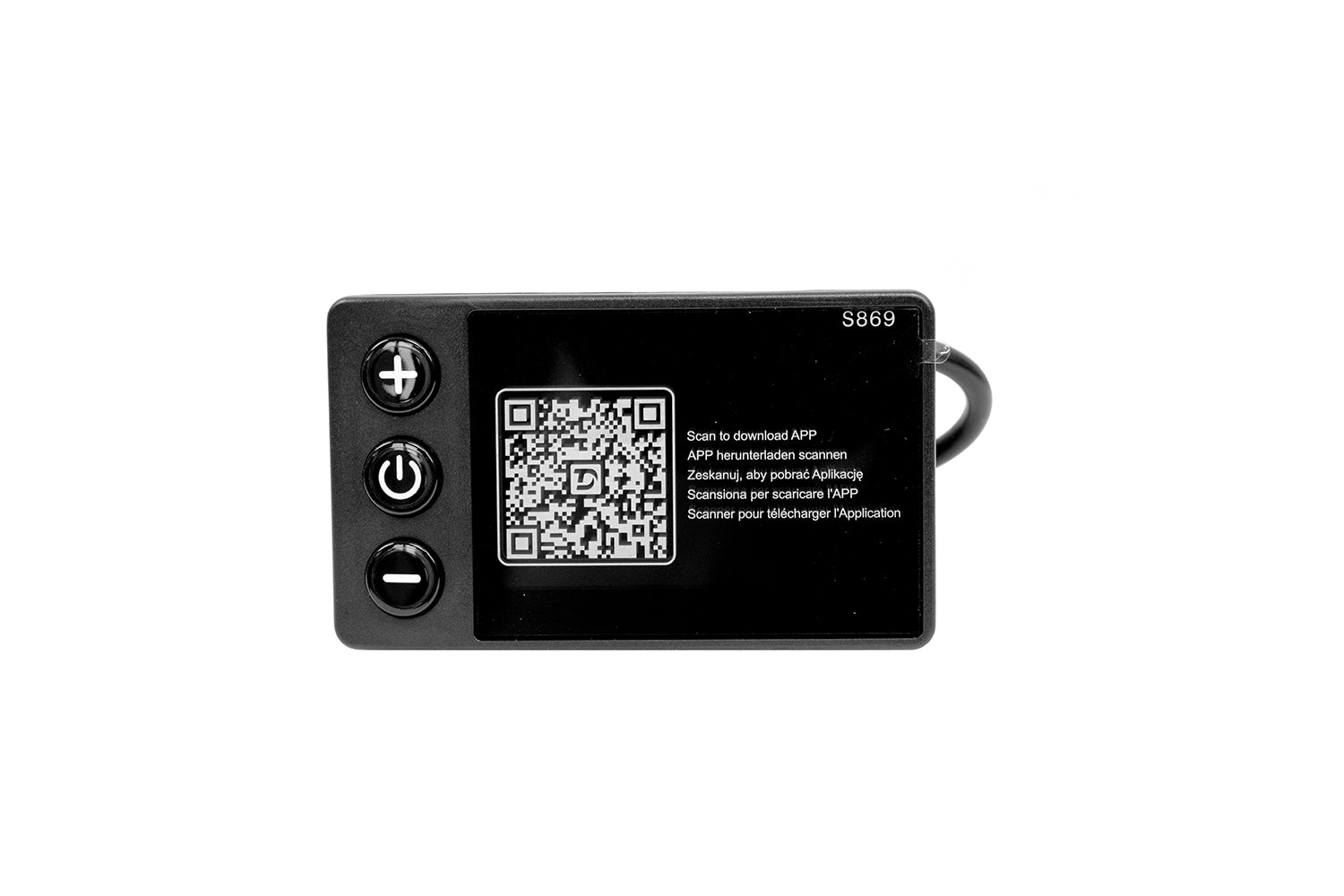 Duotts C29 S869 display front view with app download QR code, enabling Bluetooth connectivity and enhanced ride tracking.