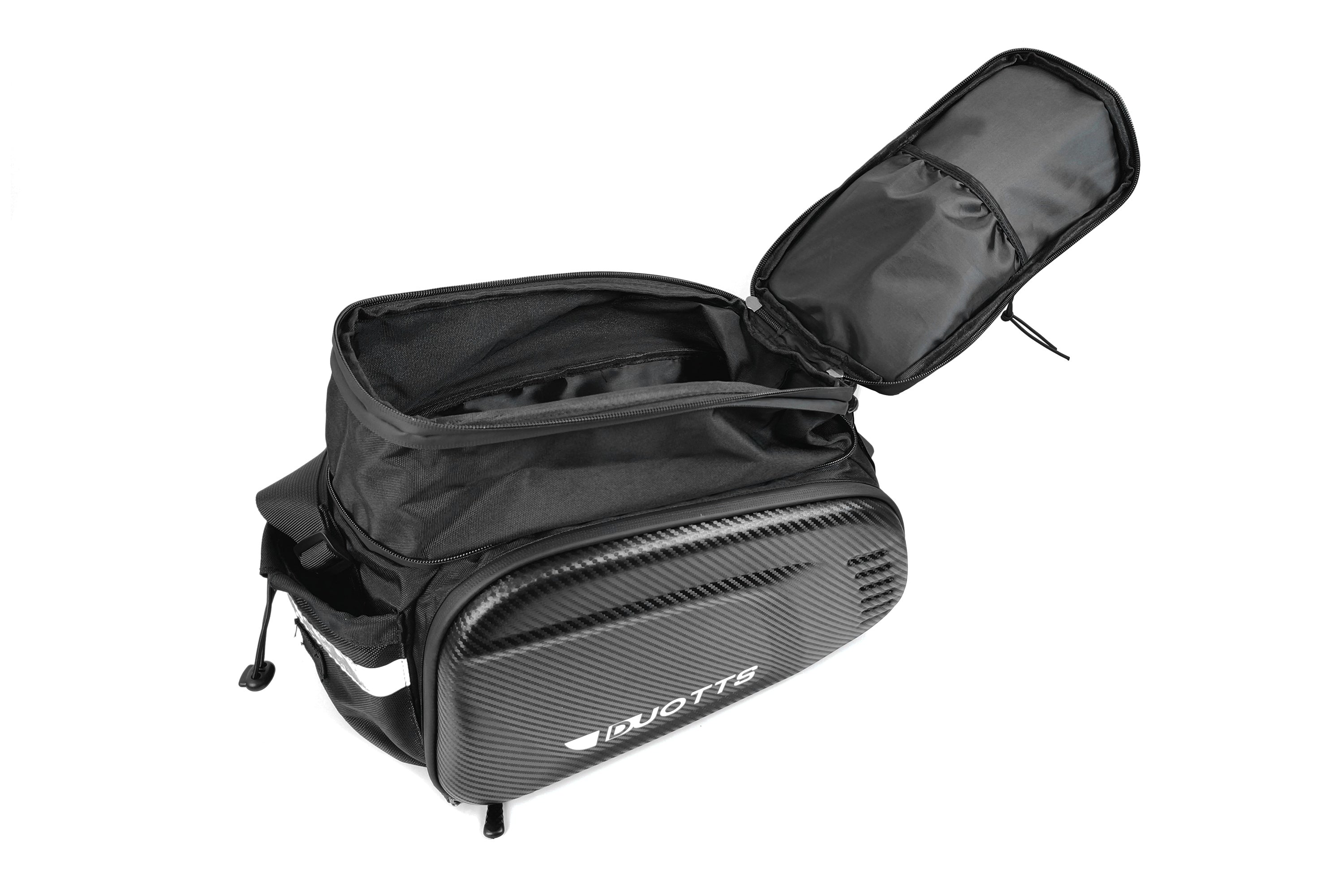 Duotts travel bag in black displayed in an open state, showcasing its large storage capacity for travel essentials.