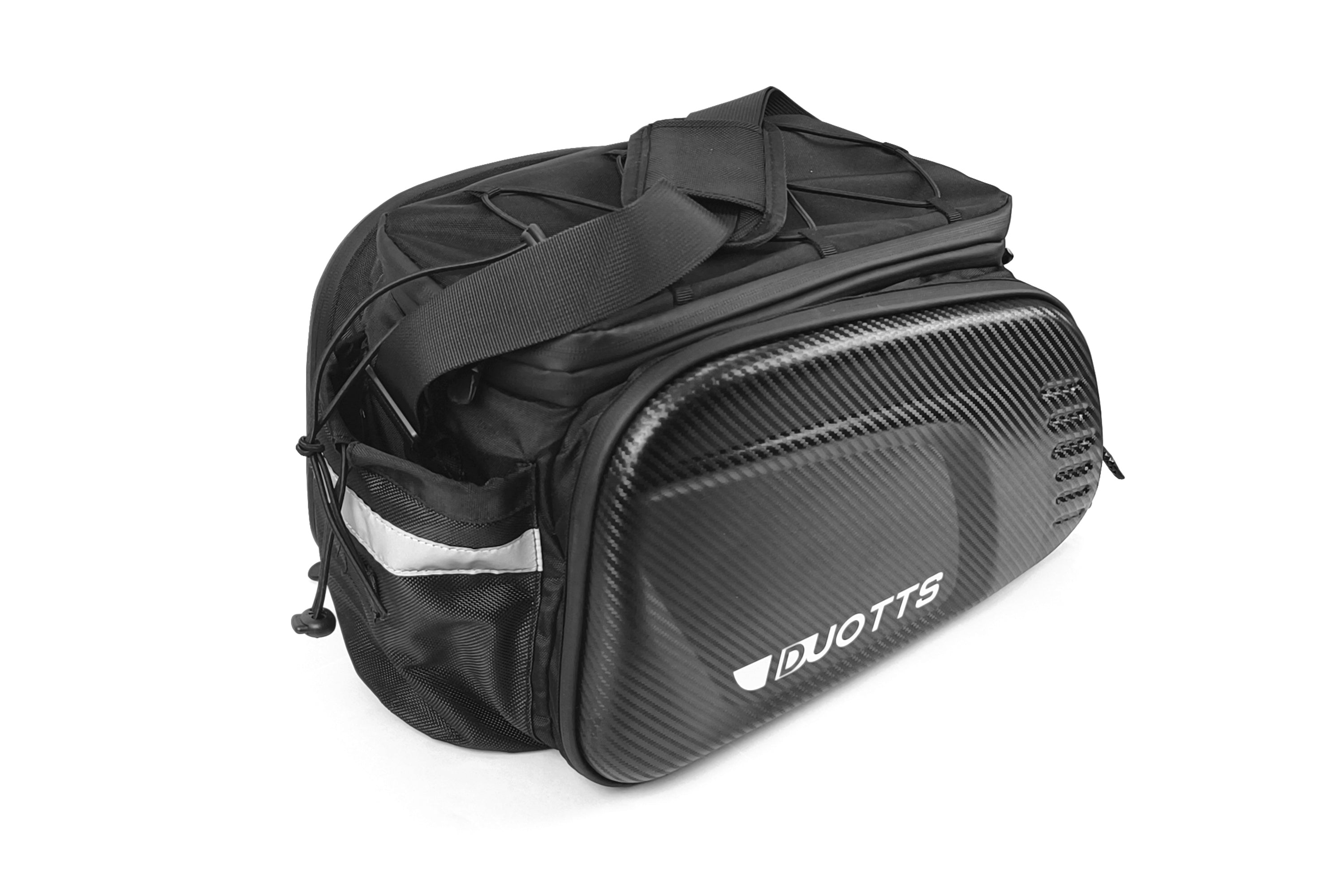 Black Duotts travel bag with adjustable strap, perfect for long journeys on electric bicycles, emphasizing portability and comfort.