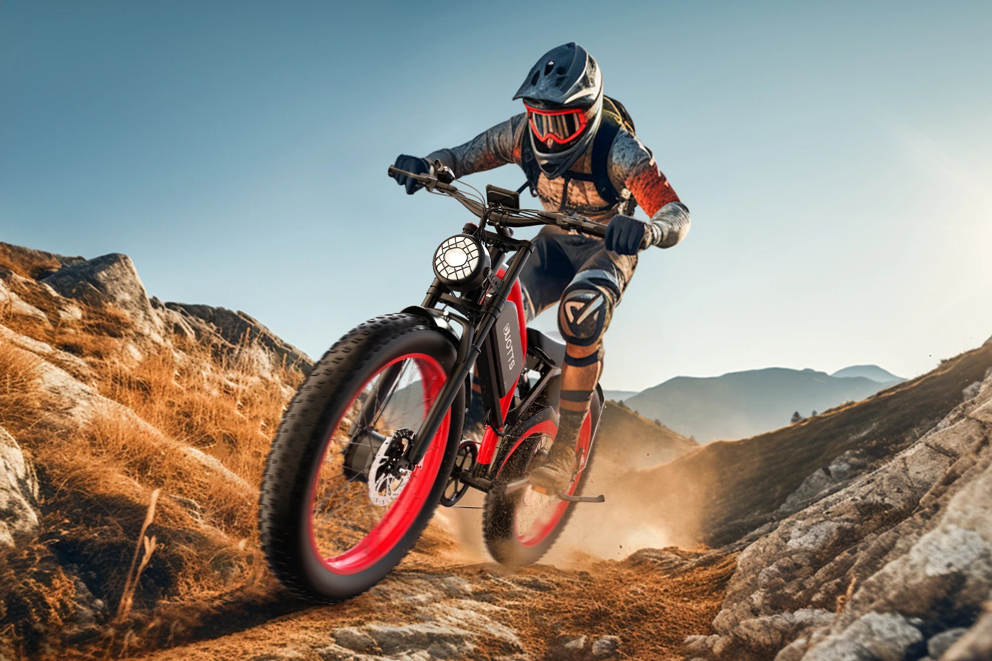 Rider on a black and red DUOTTS N26 dual motor electric bike, showcasing its offroad capabilities and full suspension for smooth rides on rough trails.