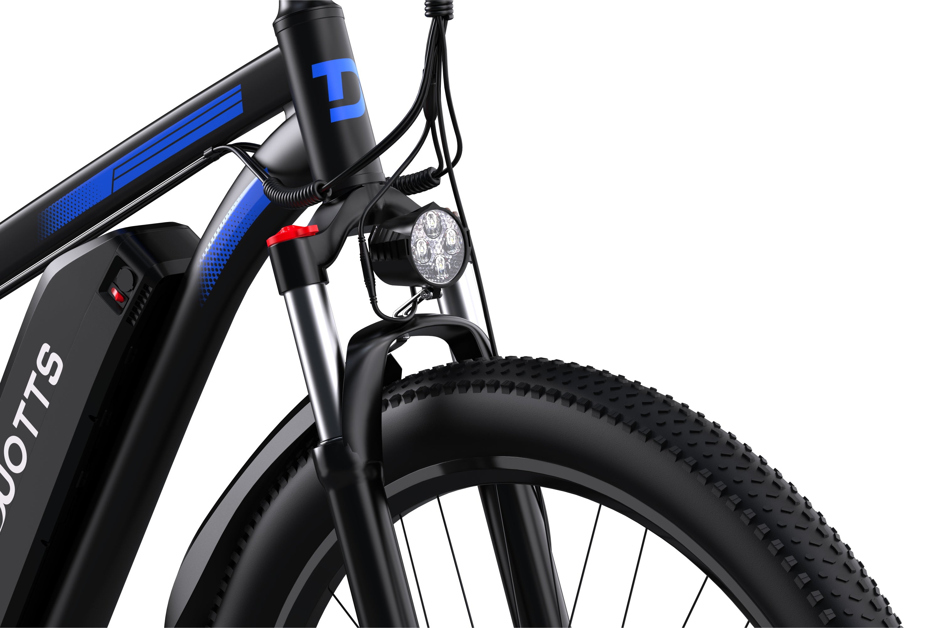 Detail of the headlight on DUOTTS C29 commuter e-bike with single battery, designed for optimal visibility.