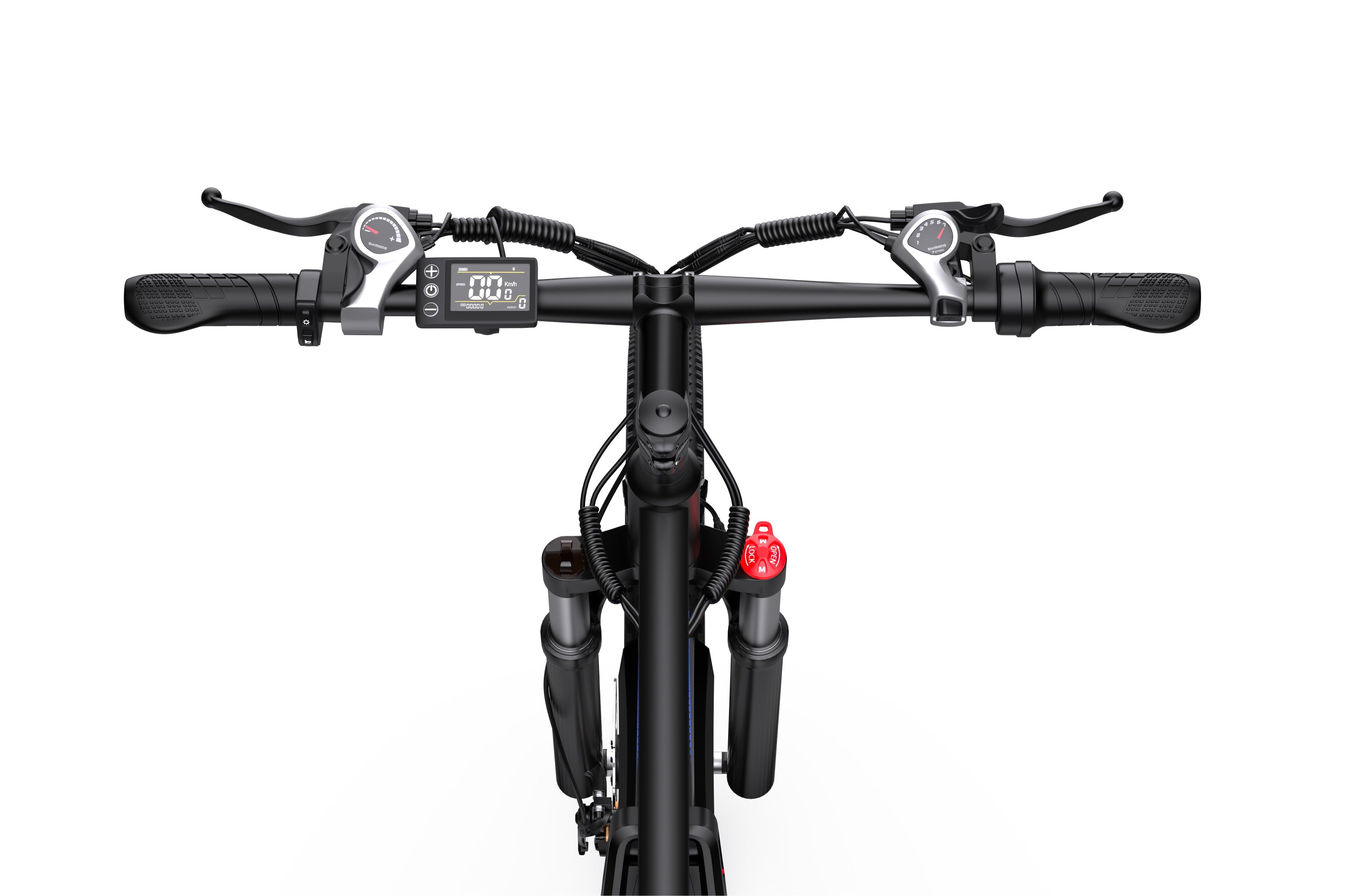 Close-up of the control console on DUOTTS C29 pedal assist e-bike with single battery, showing the multi-function display.