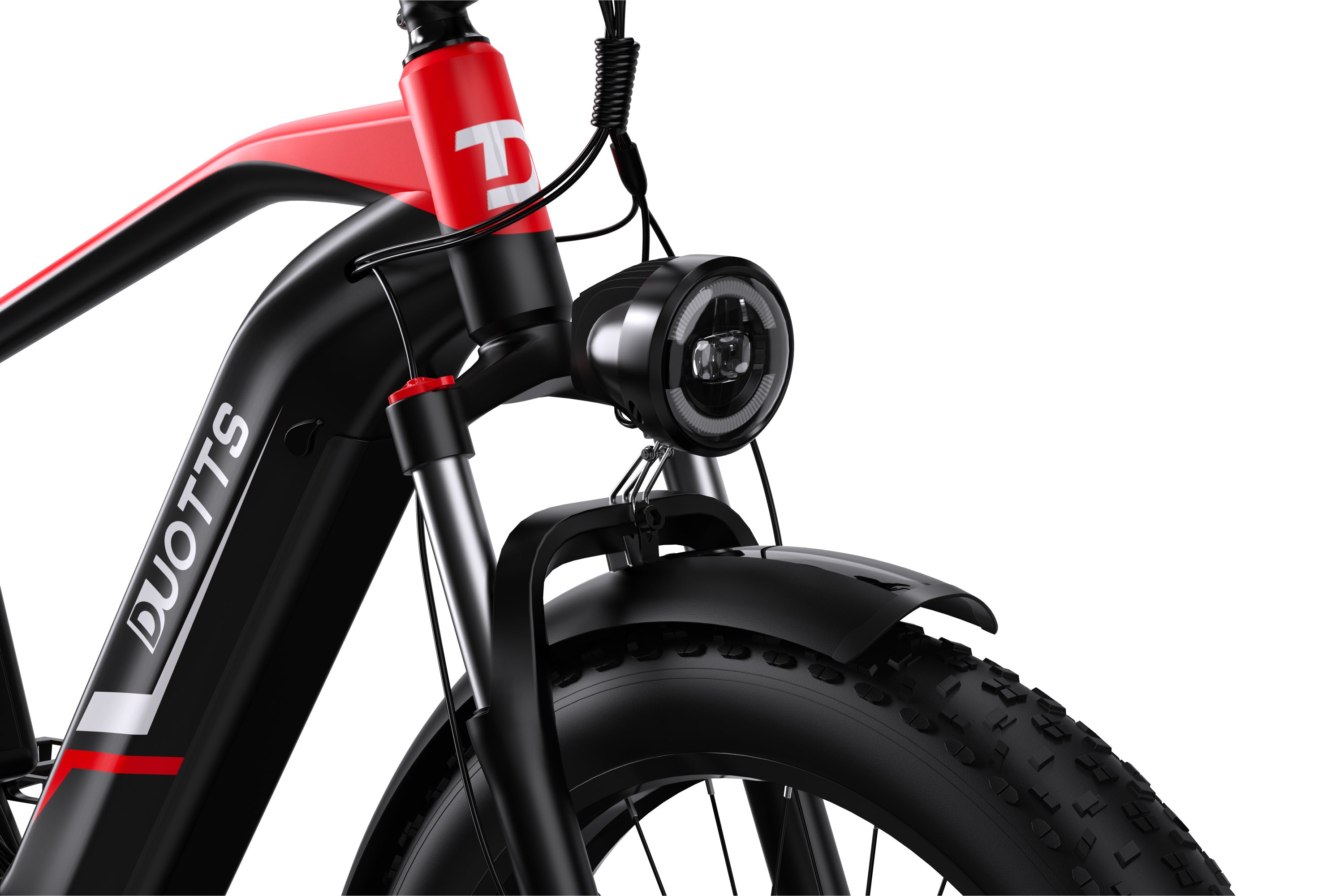 Close-up of the headlight on the Duotts F26 fat tire ebike in black and red, designed for bright illumination.