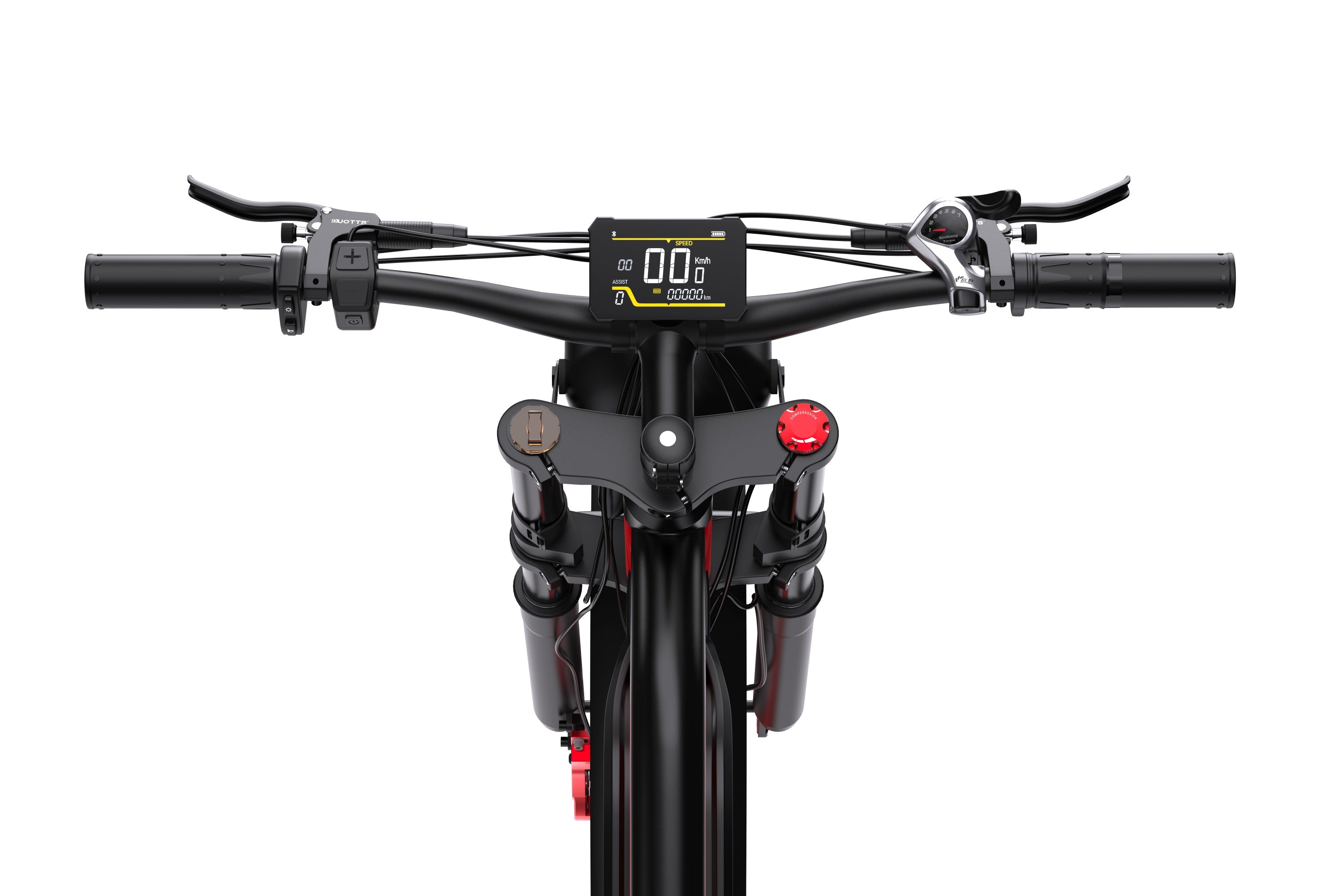 Close-up of control console on black-red DUOTTS N26 fat tire ebike with advanced pedal assist.