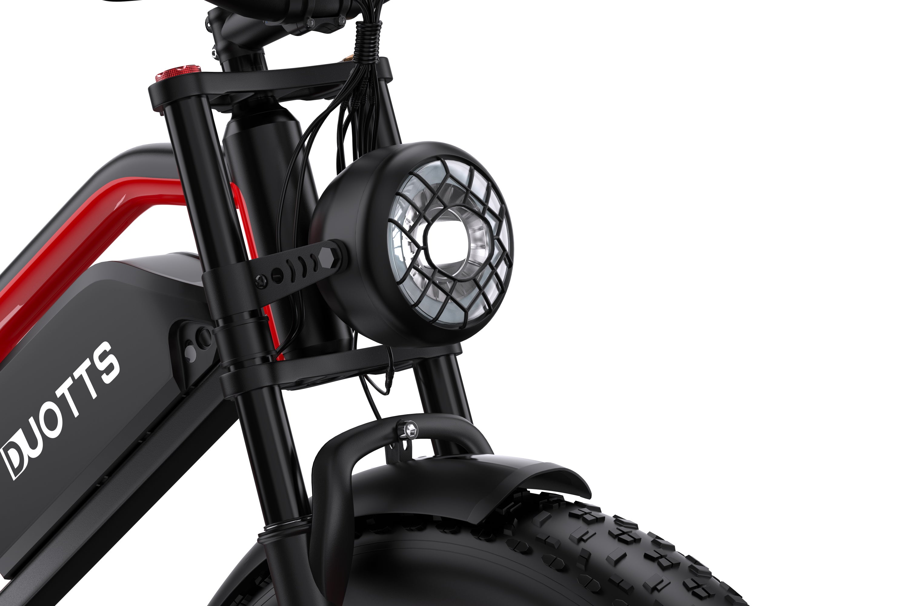 Detail shot of Super headlight on black-red DUOTTS N26 dual motor ebike for enhanced night visibility.