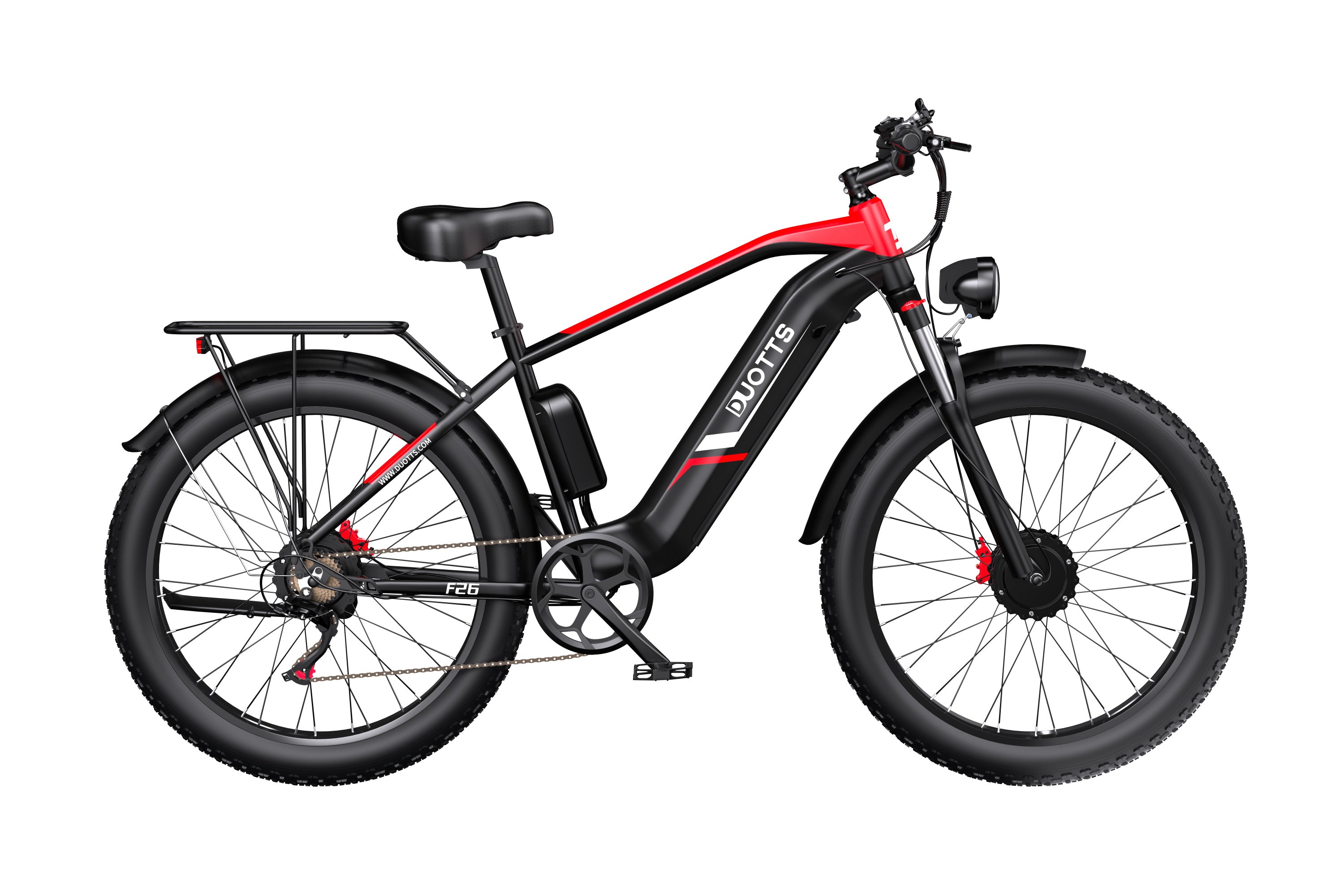 Unfolded view of the Duotts F26 dual motor ebike in black and red, showing its sturdy frame and large offroad tires ready for rough terrain.