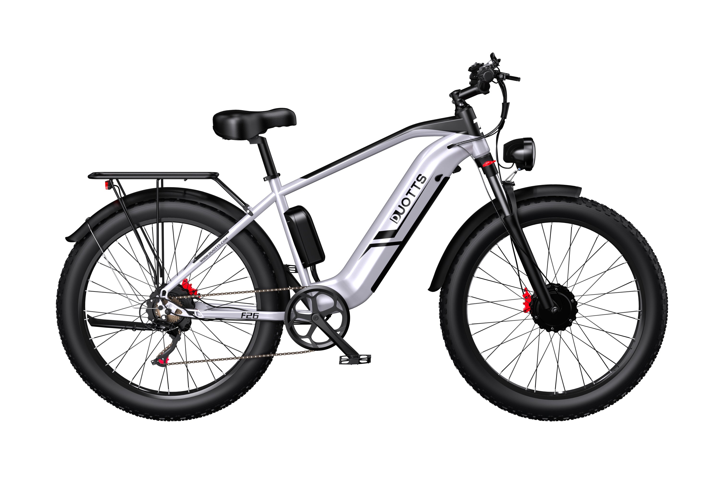 Unfolded view of the Duotts ​​F26 offroad ebike in silvery white, showcasing its large fat tires and elegant frame design.