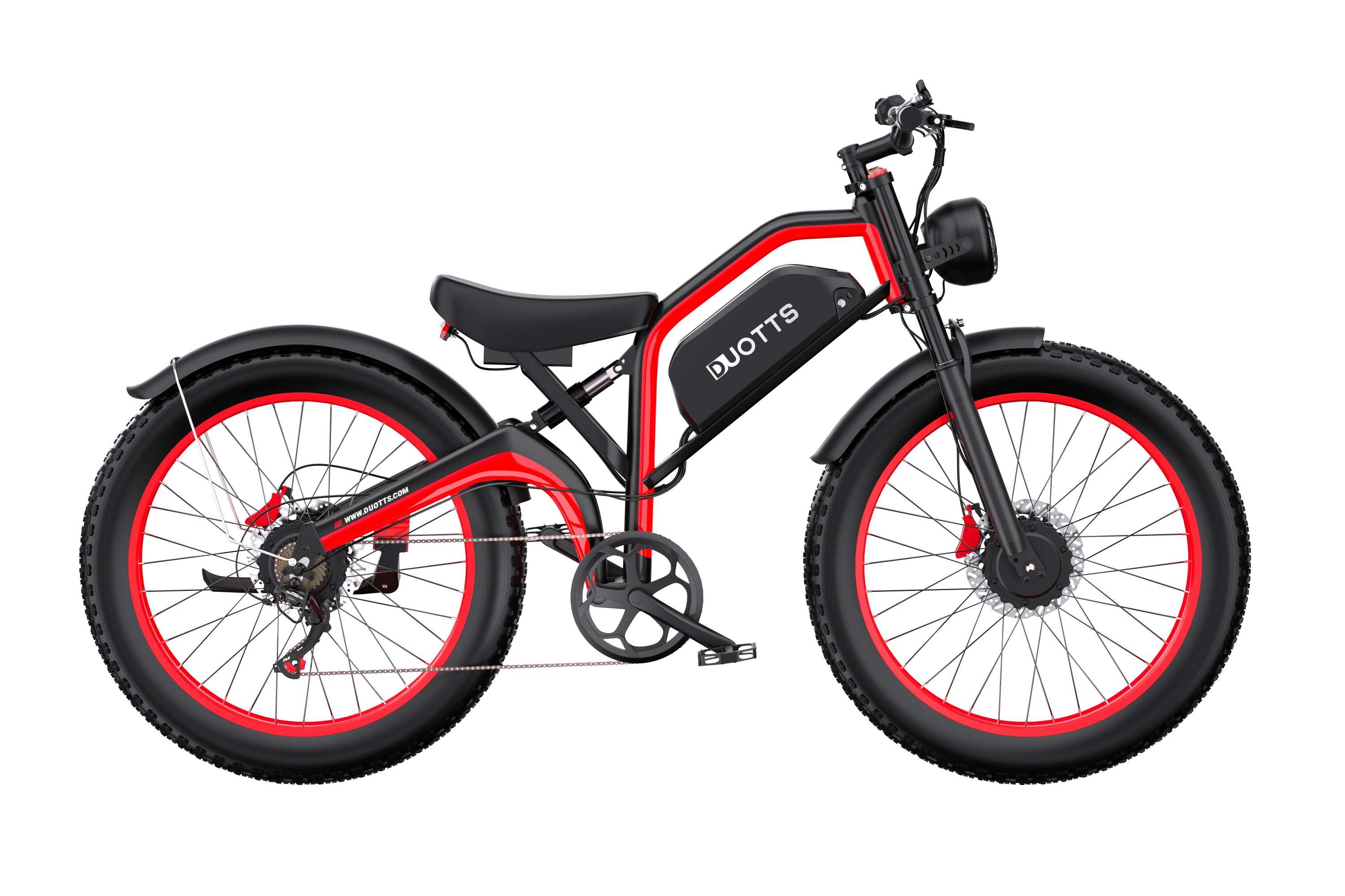 Unfolded view of DUOTTS N26 off-road electric bike in black-red, featuring full suspension and wide tire design.