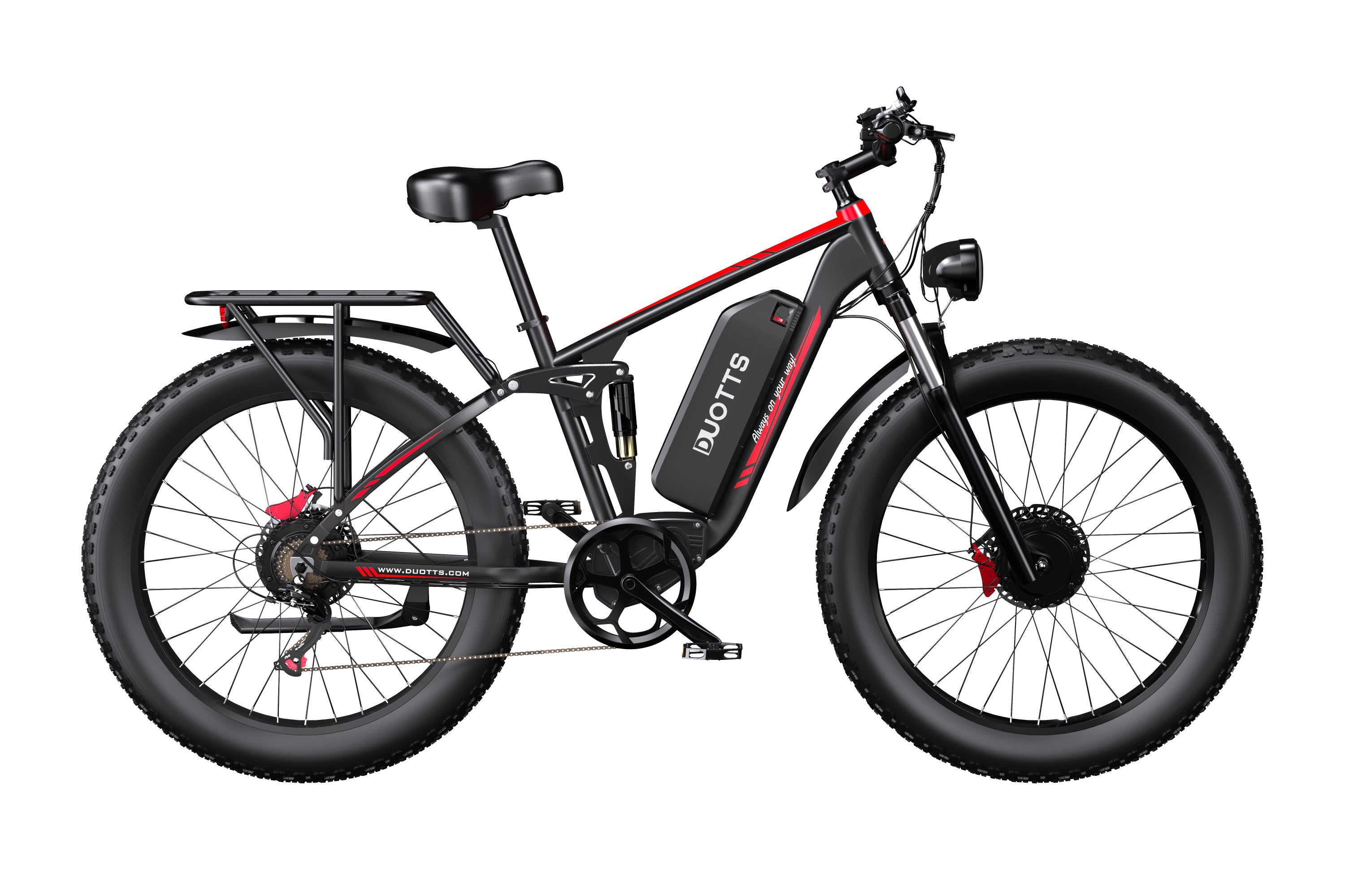 Unfolded view of DUOTTS S26, a dual-motor electric bike with rugged fat tires, designed for long-range and offroad riding.