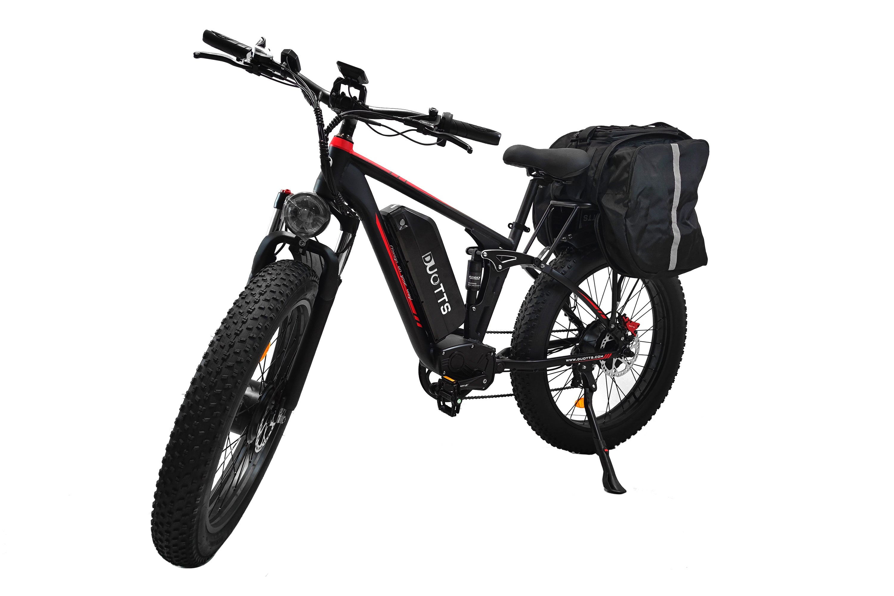 DUOTTS S26 full suspension e-bike equipped with a travel bag, ready for offroad adventures and long-range riding.