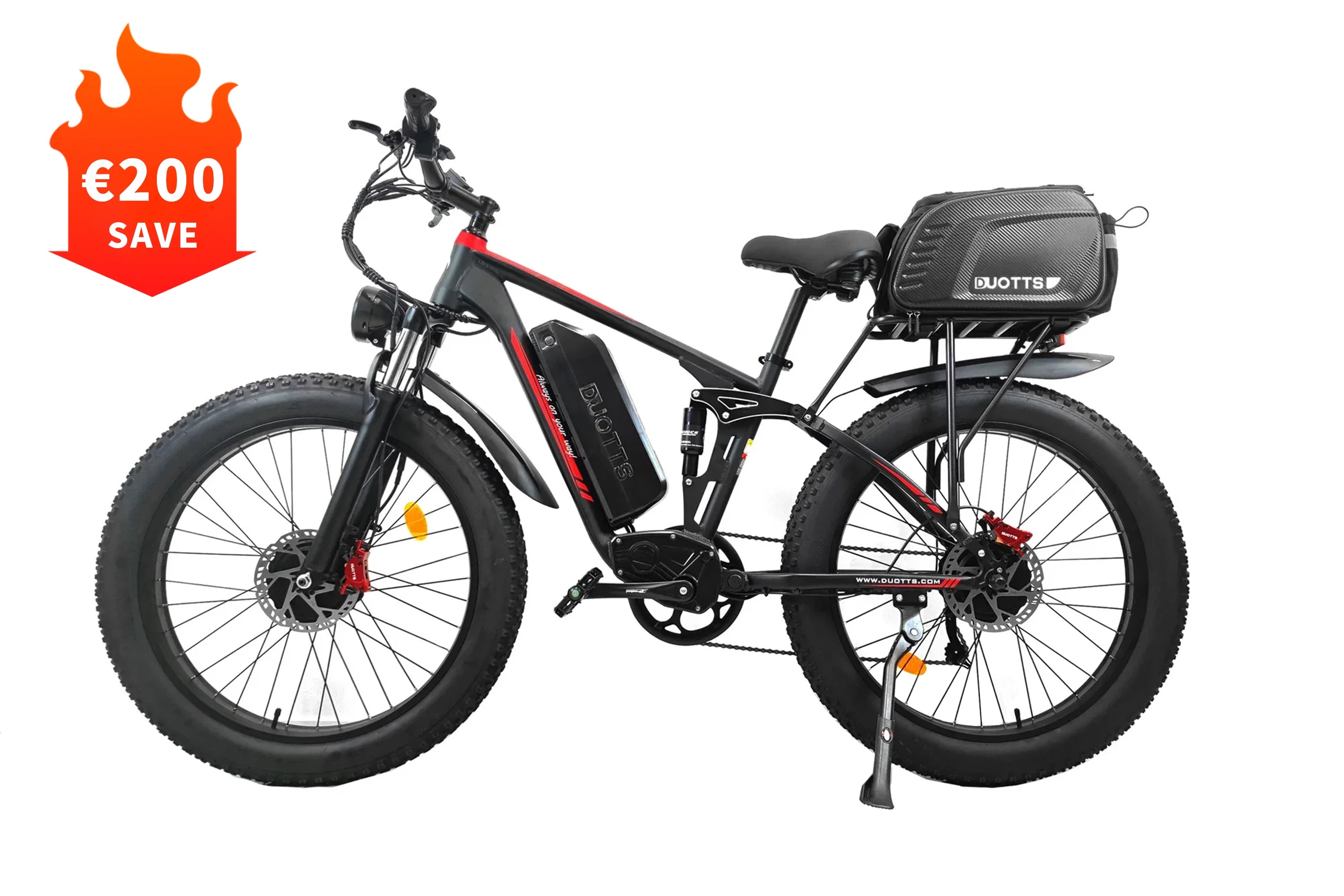 DUOTTS S26 long-range electric bike with travel bag, ideal for extended journeys, featuring dual motors and full suspension.