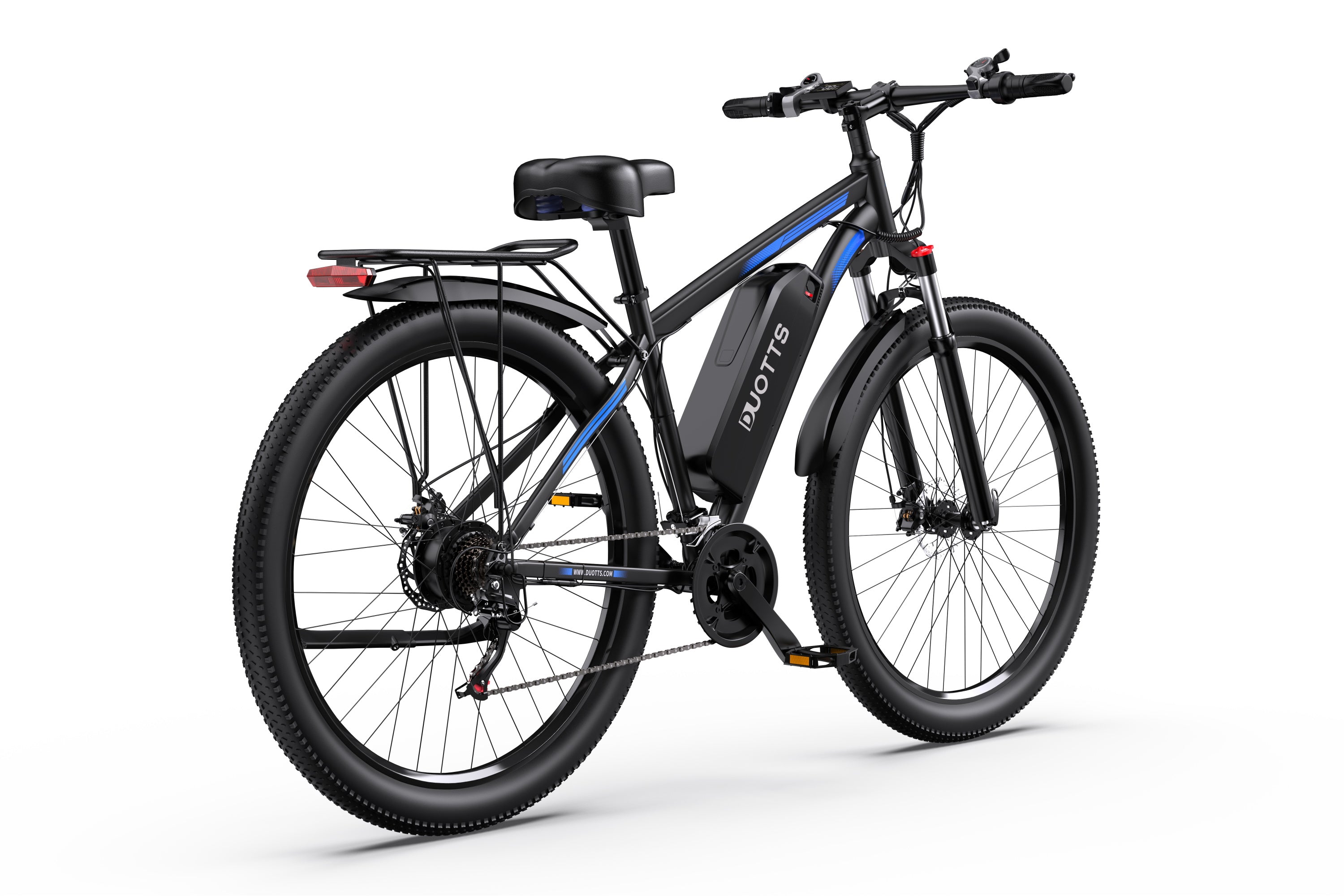 Rear view of DUOTTS C29 long-range e-bike with single battery, emphasizing its taillight and rear rack.