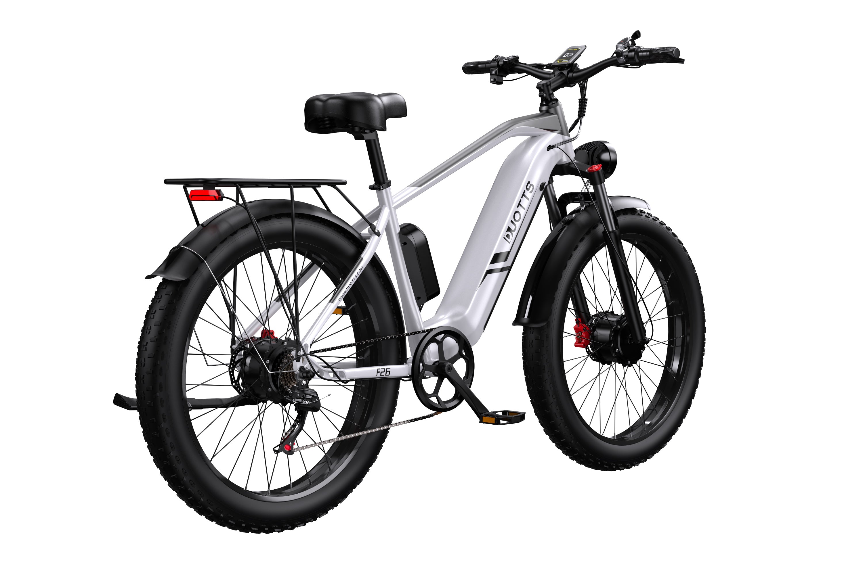 Rear view of the Duotts ​​F26 pedal assist ebike in silvery white, featuring its robust rear motor, tail light and rear rack.