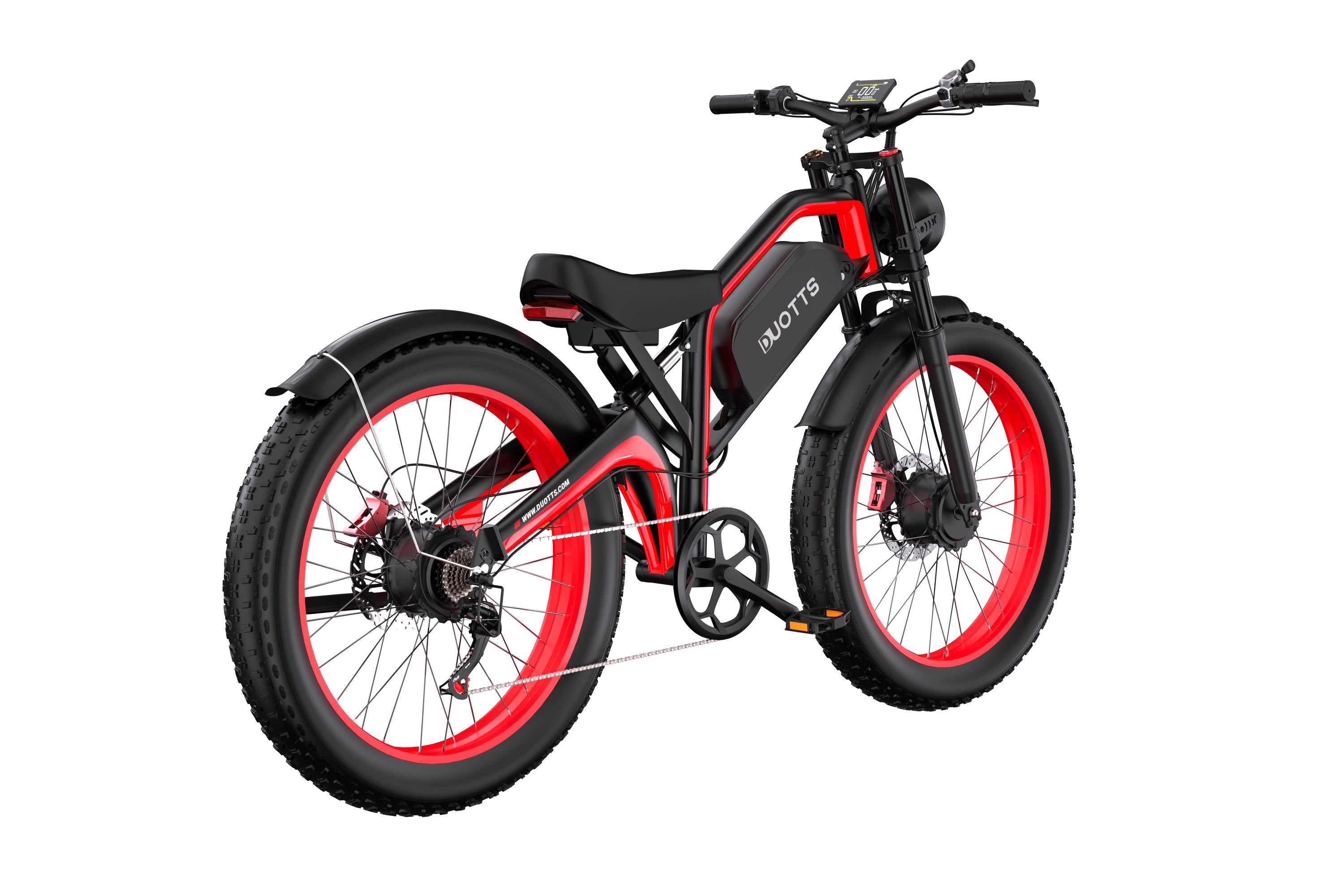 Rear view of black-red DUOTTS N26 pedal assist ebike, highlighting full suspension and fat tire design.