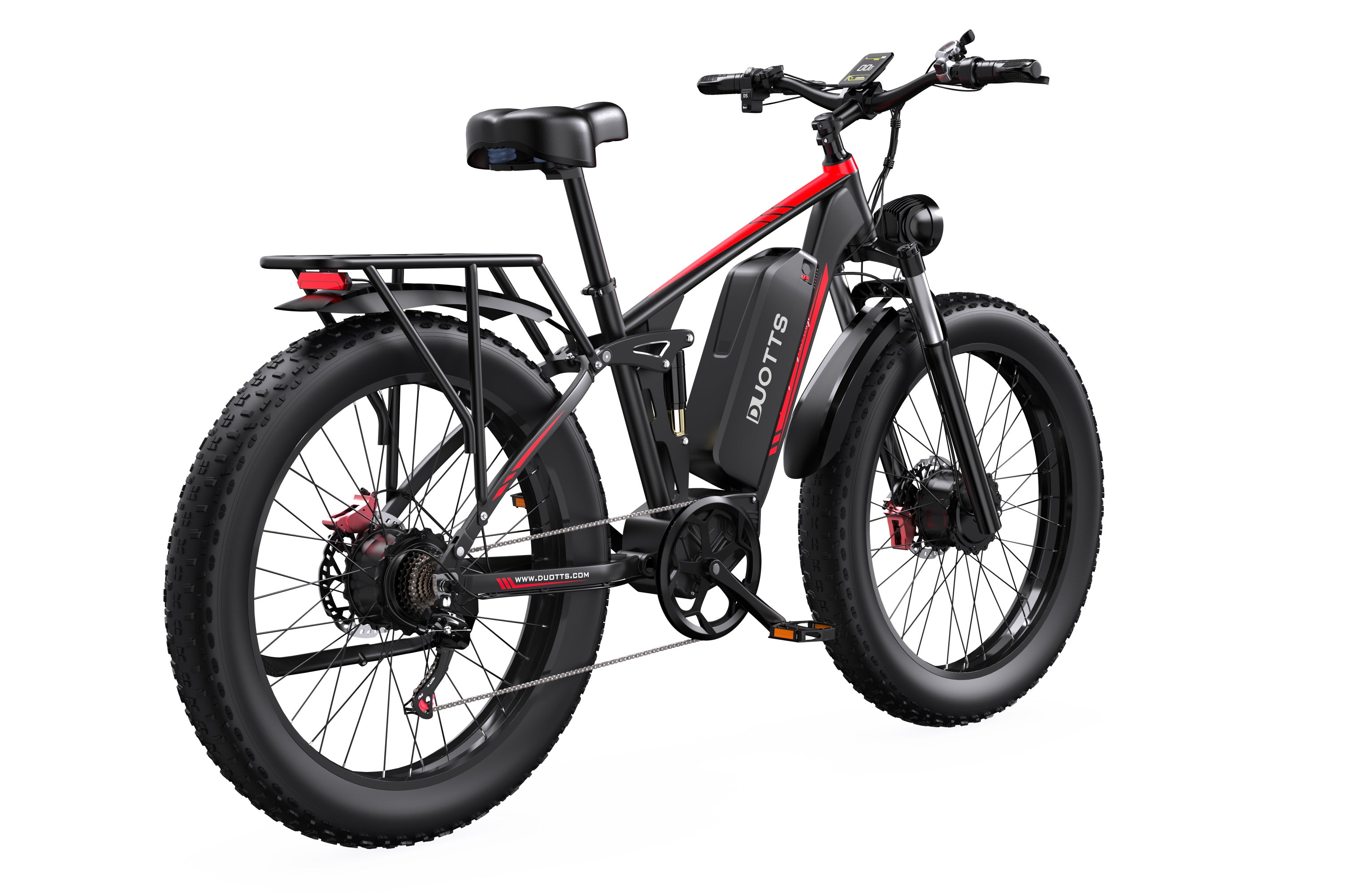 Rear view of DUOTTS S26 offroad e-bike, wide fat tires, powerful dual-motor, taillight and rear rack.